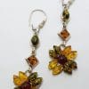 Sterling Silver Multi-Colour Natural Baltic Amber Very Long Drop Earrings - Flower Cluster