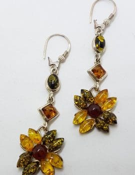 Sterling Silver Multi-Colour Natural Baltic Amber Very Long Drop Earrings - Flower Cluster