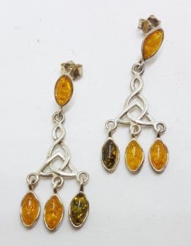Sterling Silver Multi-Colour Natural Baltic Amber Drop Earrings - Celtic Twist