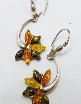 Sterling Silver Multi-Colour Natural Baltic Amber Drop Earrings - Very Long Curved