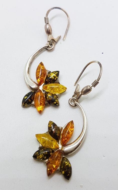Sterling Silver Multi-Colour Natural Baltic Amber Drop Earrings - Very Long Curved