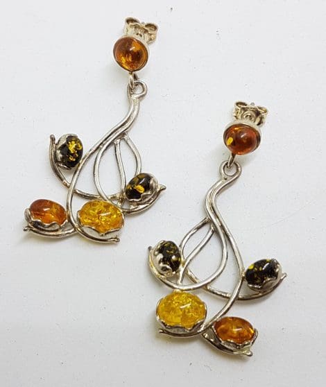Sterling Silver Multi-Colour Natural Baltic Amber Drop Earrings - Very Long Curved / Twist