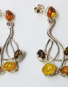 Sterling Silver Multi-Colour Natural Baltic Amber Drop Earrings - Very Long Curved / Twist