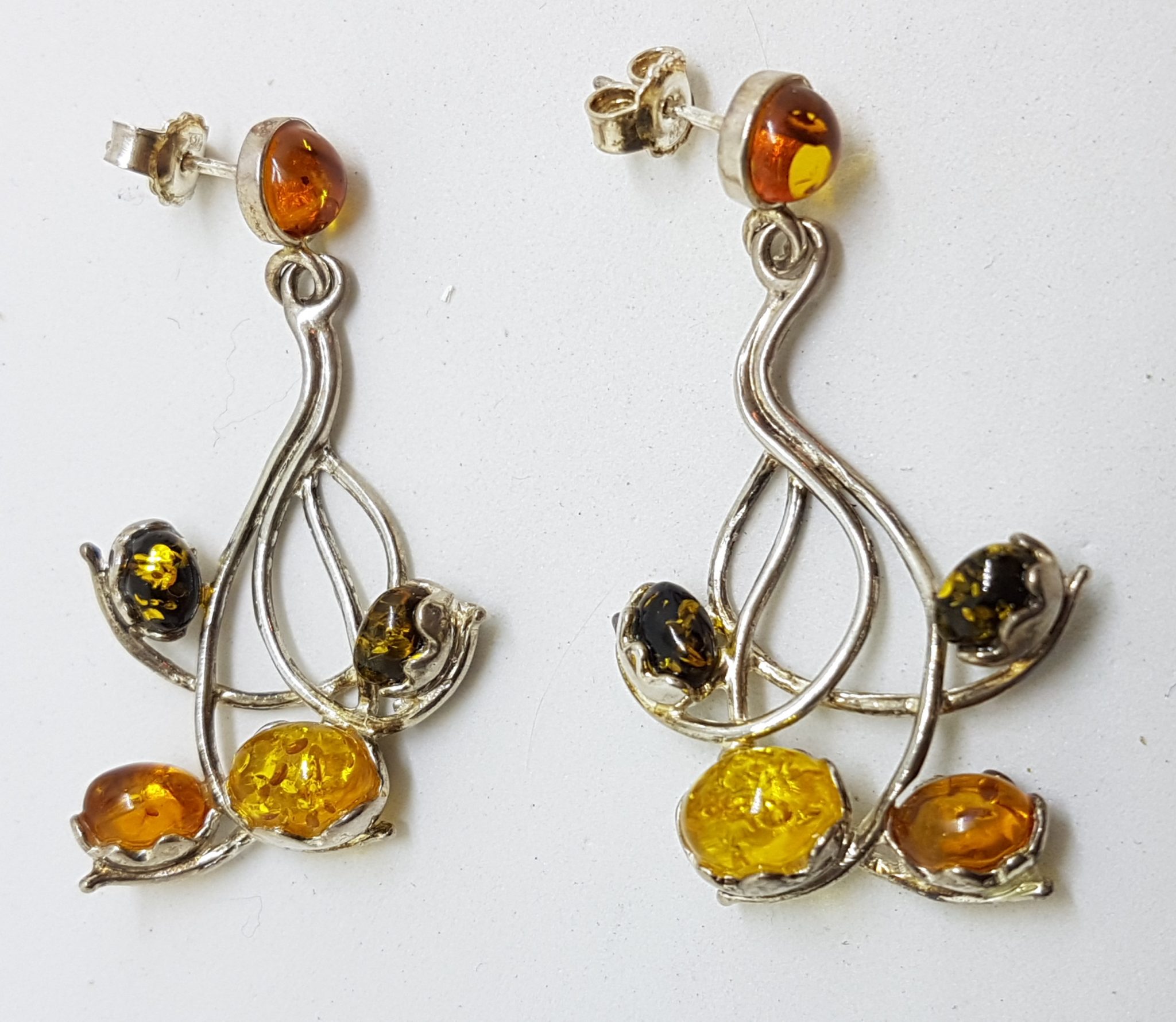 Sterling Silver Multi-Colour Natural Baltic Amber Drop Earrings - Very Long Curved / Twist