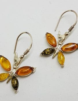 Sterling Silver Multi-Colour Natural Baltic Amber Drop Earrings - Butterfly