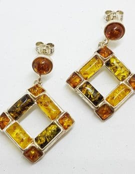 Sterling Silver Multi-Colour Natural Baltic Amber Large Square Drop Earrings