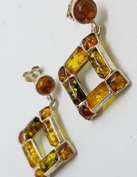 Sterling Silver Multi-Colour Natural Baltic Amber Large Square Drop Earrings