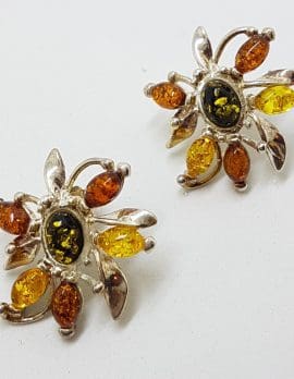 Sterling Silver Multi-Colour Natural Baltic Amber Large Cluster Stud Earrings