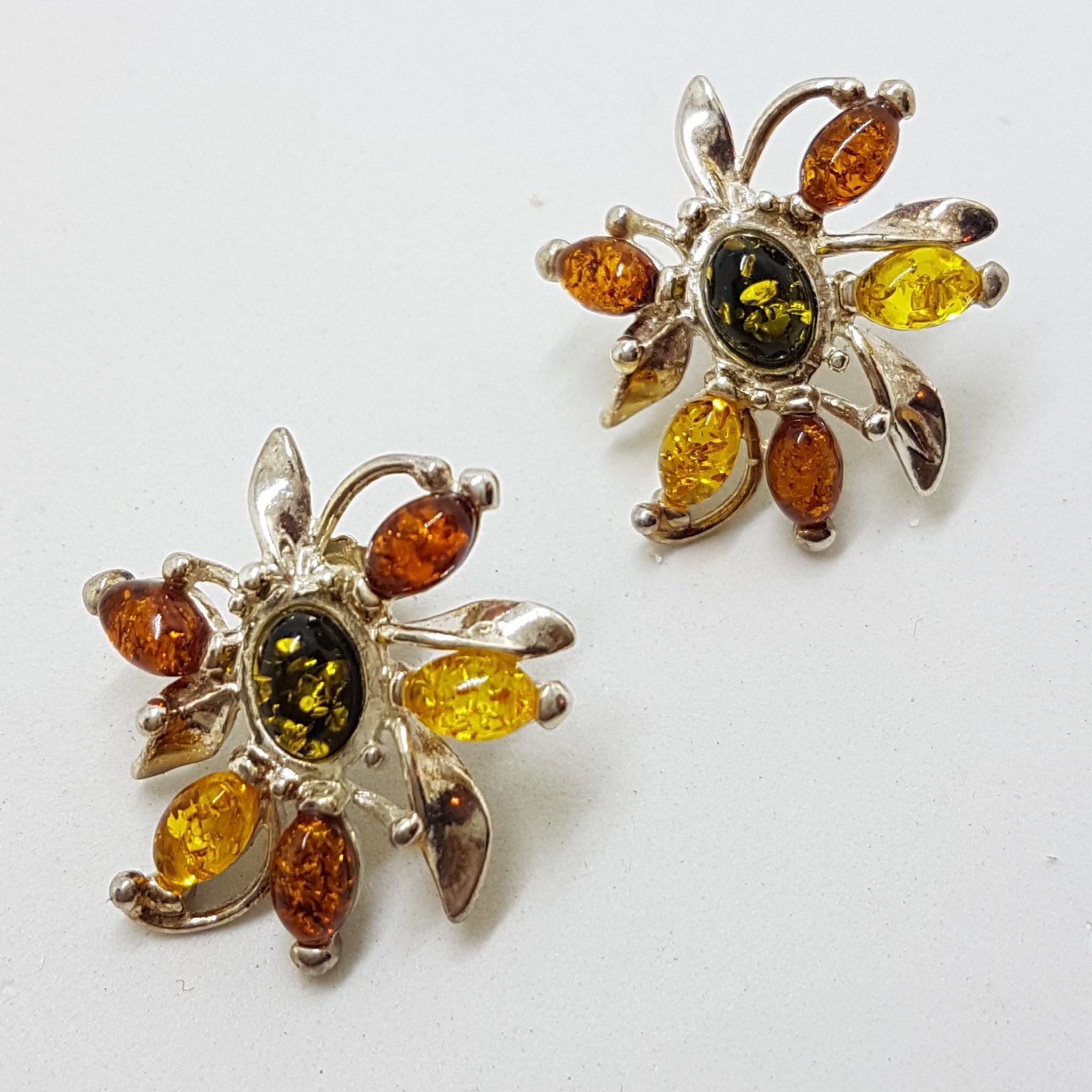 Sterling Silver Multi-Colour Natural Baltic Amber Large Cluster Stud Earrings