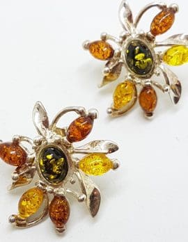 Sterling Silver Multi-Colour Natural Baltic Amber Large Cluster Stud Earrings