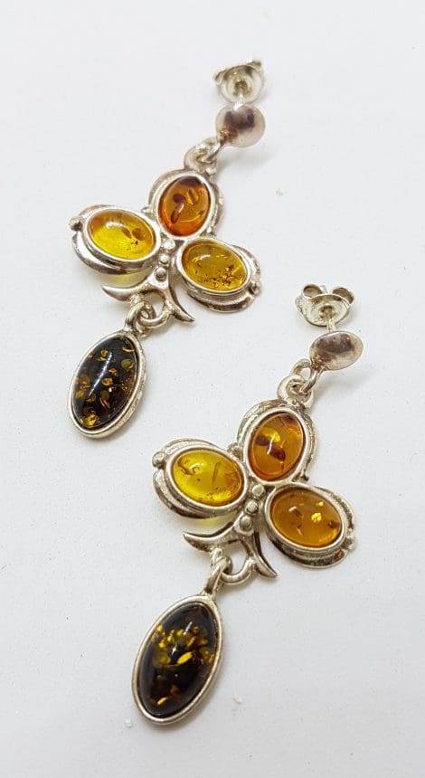 Sterling Silver Multi-Colour Natural Baltic Amber Ornate Drop Earrings