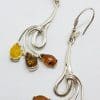 Sterling Silver Multi-Colour Natural Baltic Amber Long Drop Earrings