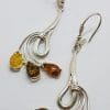 Sterling Silver Multi-Colour Natural Baltic Amber Long Drop Earrings