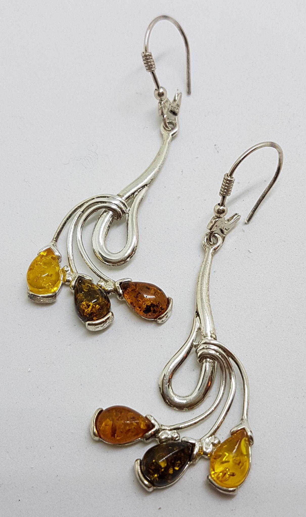 Sterling Silver Multi-Colour Natural Baltic Amber Long Drop Earrings