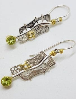 Sterling Silver & Gold Plate Long Peridot Drop Earrings