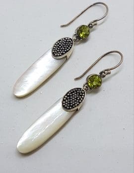 Sterling Silver & Mother of Pearl Long Peridot Drop Earrings