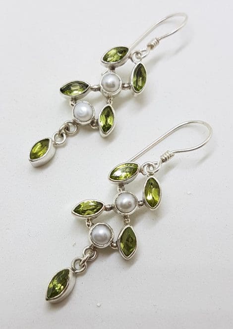 Sterling Silver Peridot & Pearl Long Leaf Design Drop Earrings