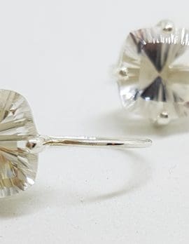 Sterling Silver Laser Cut Square Clear Crystal Quartz Drop Earrings