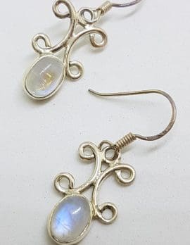 Sterling Silver Oval Cabochon Moonstone Ornate Drop Earrings