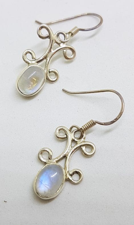 Sterling Silver Oval Cabochon Moonstone Ornate Drop Earrings