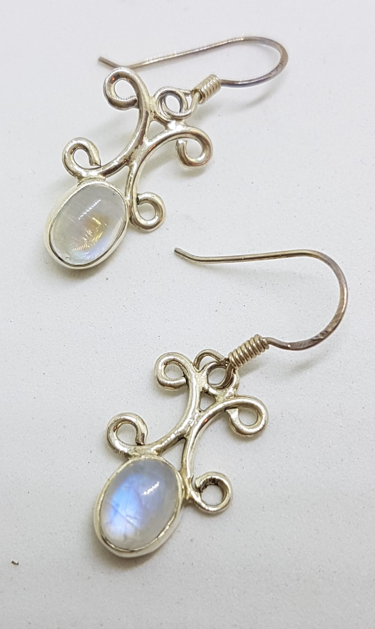 Sterling Silver Oval Cabochon Moonstone Ornate Drop Earrings