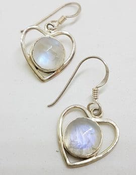 Sterling Silver Round Cabochon Moonstone Heart Drop Earrings