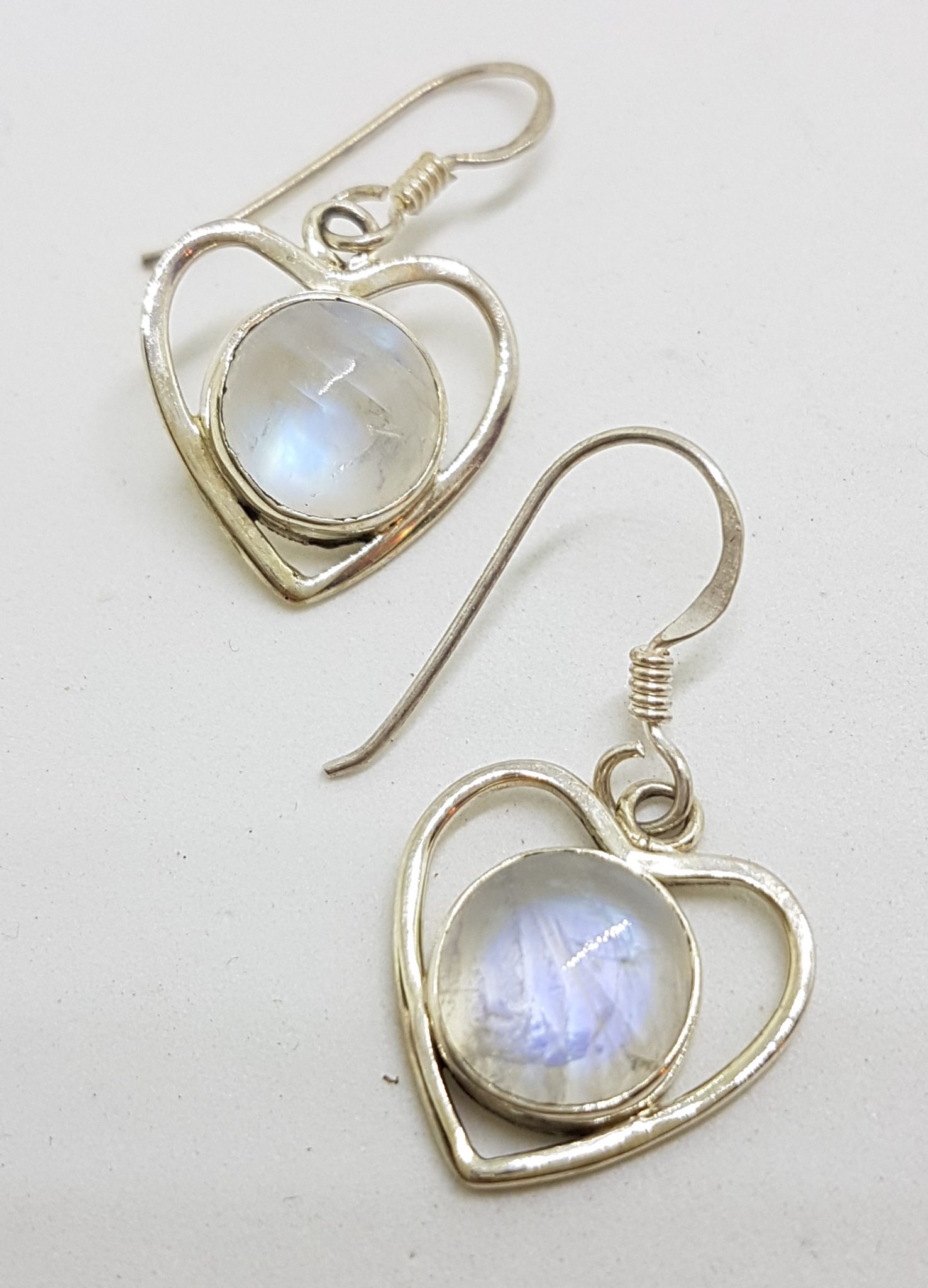 Sterling Silver Round Cabochon Moonstone Heart Drop Earrings