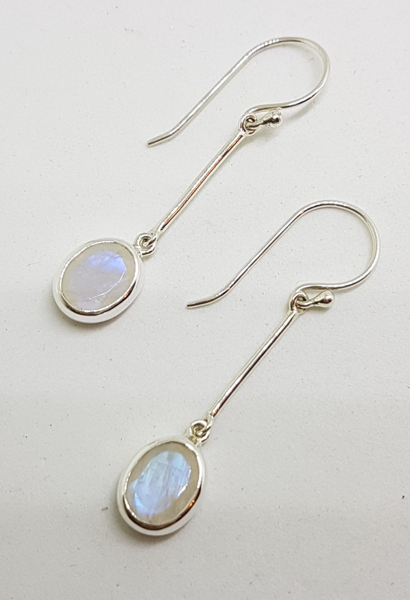 Sterling Silver Long Moonstone Oval Drop Earrings