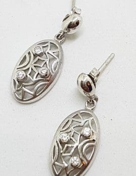 Sterling Silver Oval Cubic Zirconia Ornate Drop Earrings
