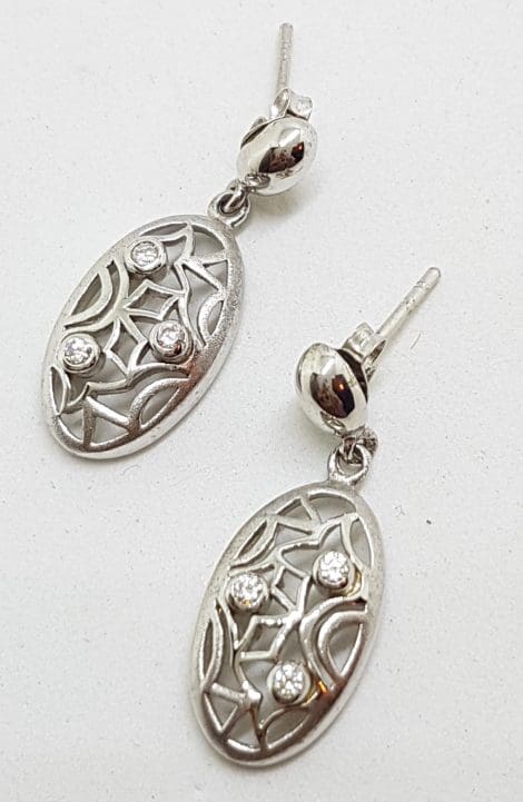 Sterling Silver Oval Cubic Zirconia Ornate Drop Earrings