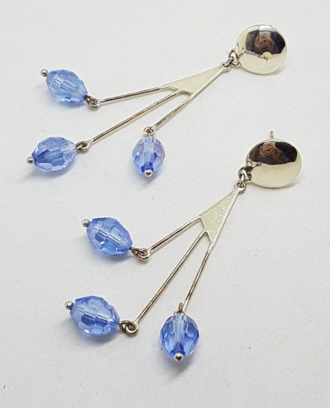 Sterling Silver Very Long Blue Crystal Drop Earrings