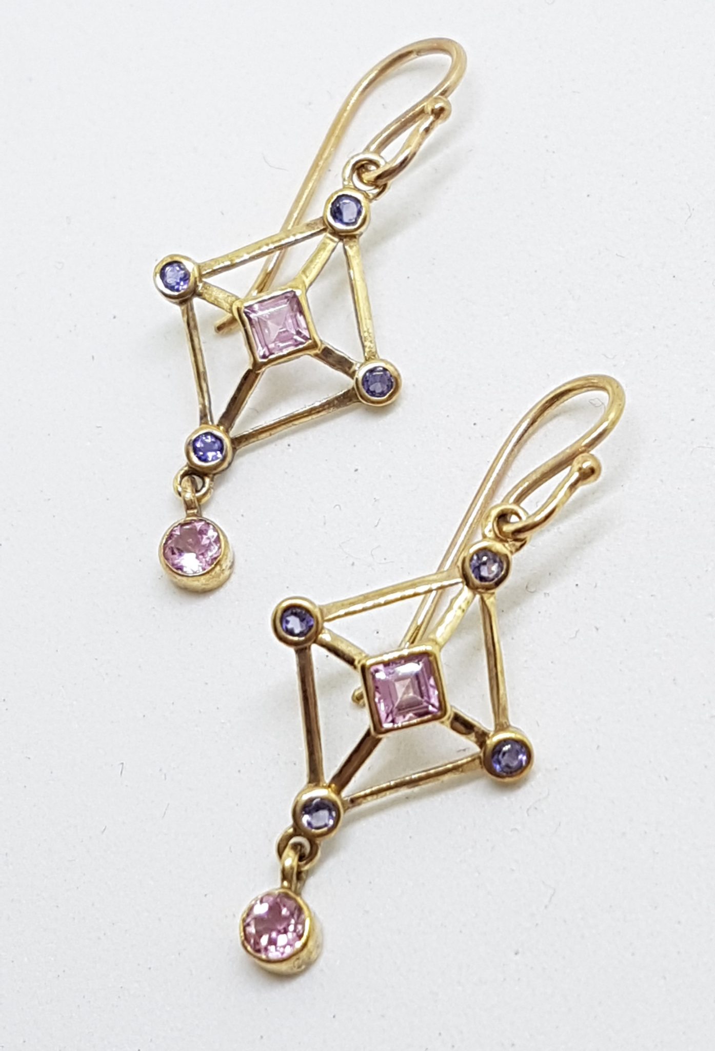 9ct Yellow Gold Topaz, Iolite and Pink Tourmaline Drop Earrings