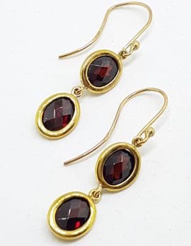 9ct Yellow Gold Long Oval Garnet Double Drop Earrings