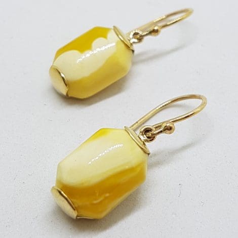 9ct Yellow Gold Rectangular Natural Baltic Butter Amber Drop Earrings
