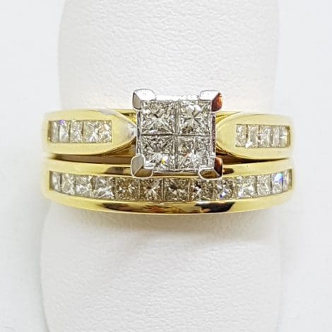 18ct Yellow Gold Channel & Claw Set Square Diamond Engagement Ring with Matching Wedding Band Set