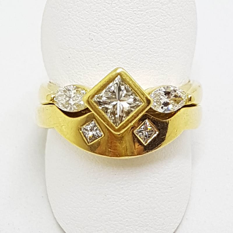 18ct Yellow Gold Channel & Claw Set Heavy Princess and Marquis Cut Diamond Engagement Ring with Matching Wedding Band Set - Curved