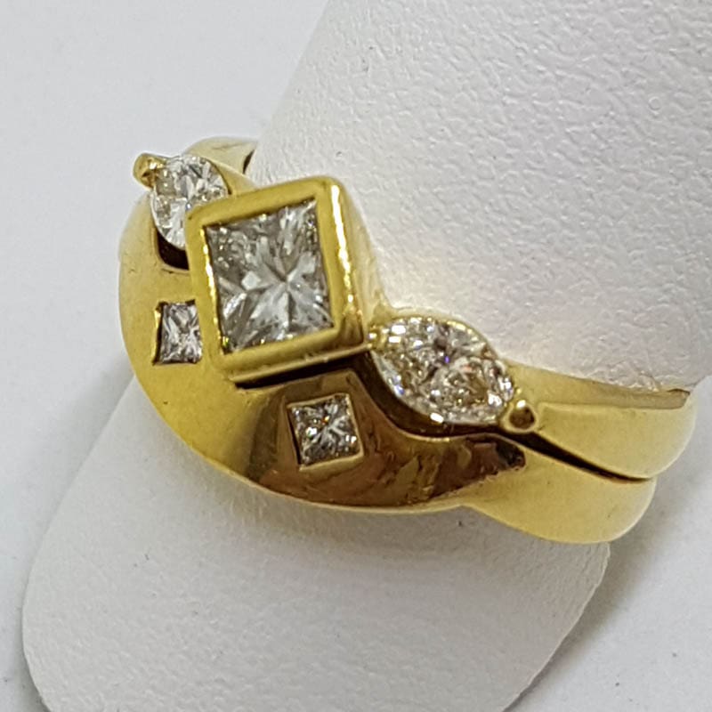 18ct Yellow Gold Channel & Claw Set Heavy Princess and Marquis Cut Diamond Engagement Ring with Matching Wedding Band Set - Curved