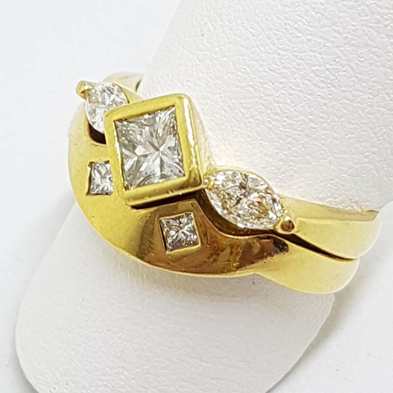 18ct Yellow Gold Channel & Claw Set Heavy Princess and Marquis Cut Diamond Engagement Ring with Matching Wedding Band Set - Curved