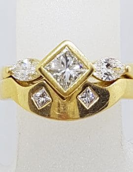 18ct Yellow Gold Channel & Claw Set Heavy Princess and Marquis Cut Diamond Engagement Ring with Matching Wedding Band Set - Curved