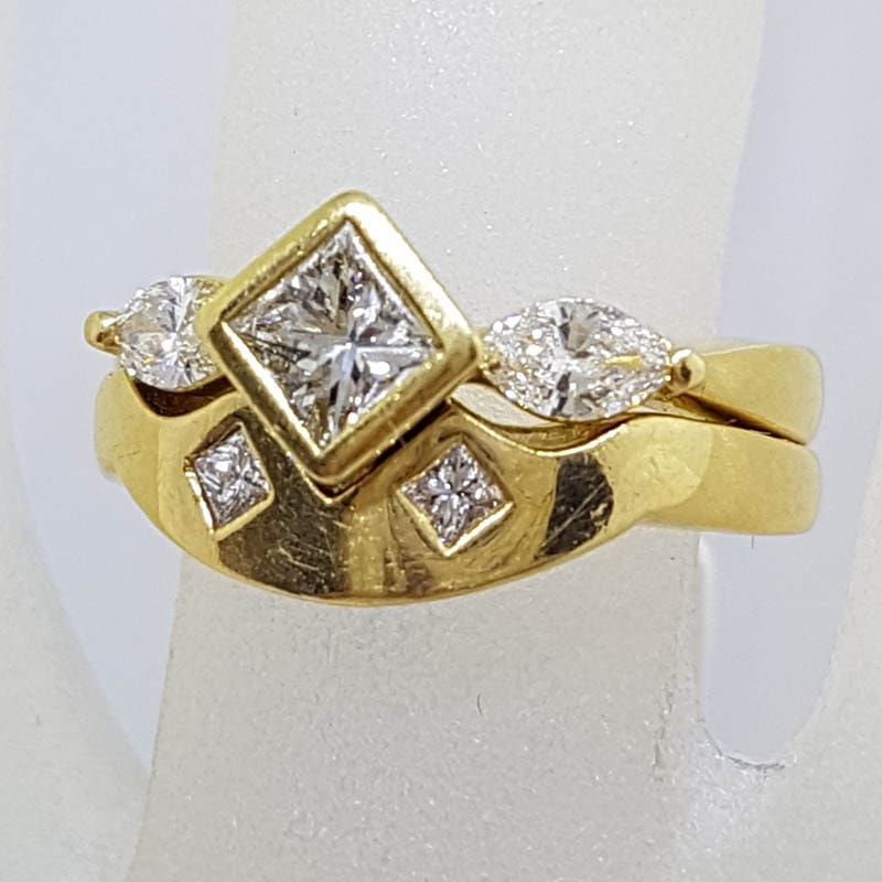 18ct Yellow Gold Channel & Claw Set Heavy Princess and Marquis Cut Diamond Engagement Ring with Matching Wedding Band Set - Curved