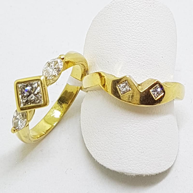 18ct Yellow Gold Channel & Claw Set Heavy Princess and Marquis Cut Diamond Engagement Ring with Matching Wedding Band Set - Curved