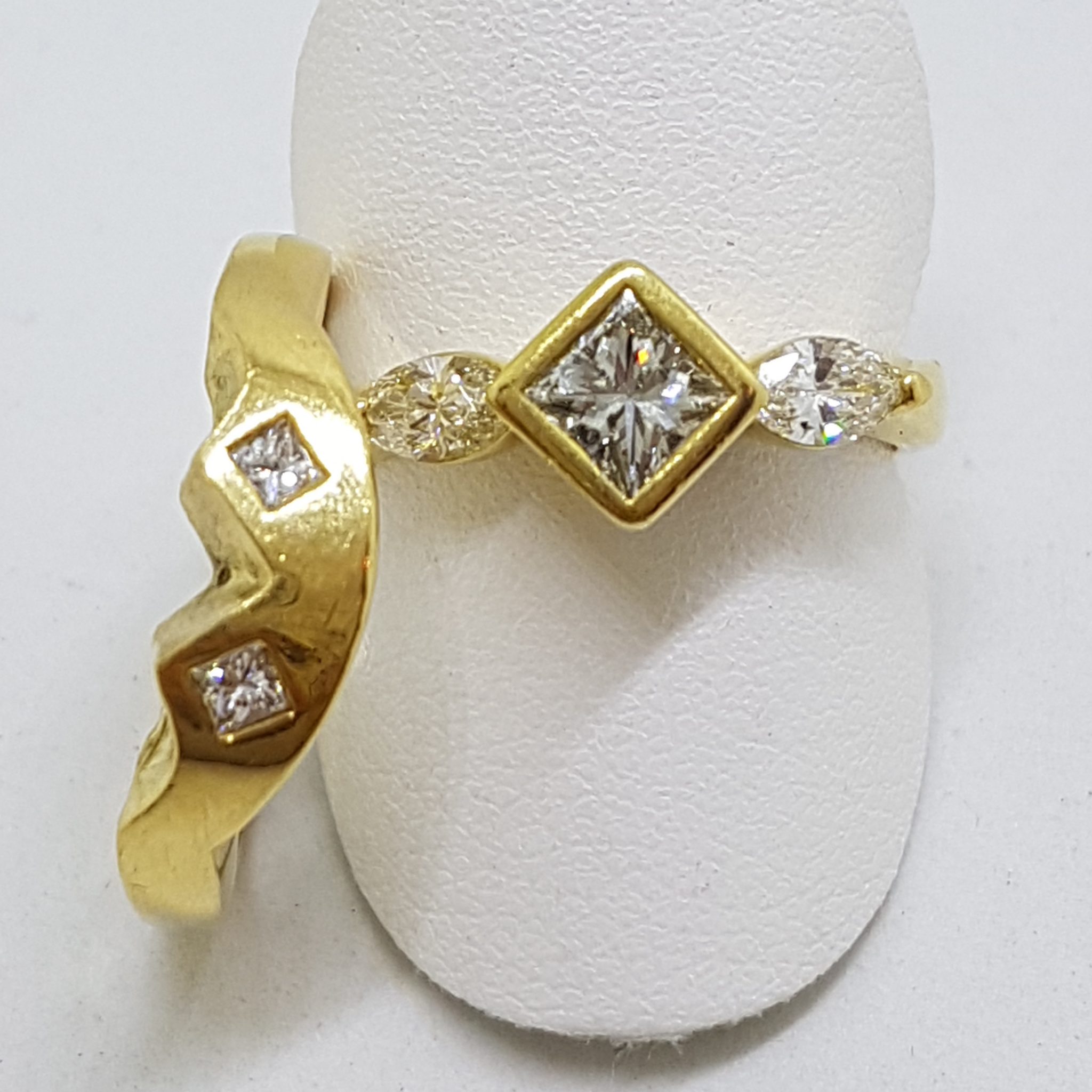 18ct Yellow Gold Channel & Claw Set Heavy Princess and Marquis Cut Diamond Engagement Ring with Matching Wedding Band Set - Curved