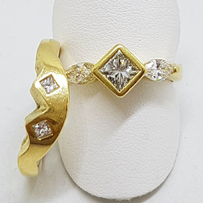 18ct Yellow Gold Channel & Claw Set Heavy Princess and Marquis Cut Diamond Engagement Ring with Matching Wedding Band Set - Curved