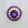 9ct Yellow Gold Amethyst and Seedpearl Round Cluster Ring
