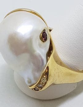 14ct Yellow Gold Large Baroque Pearl with Diamond & Sapphire Ring – Handmade