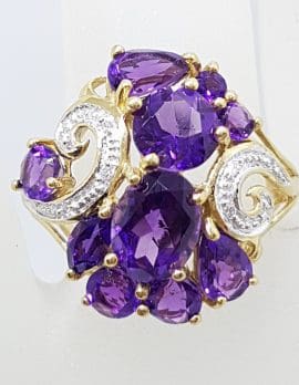 9ct Yellow Gold Stunning Large Amethyst and Diamond Cluster Ring