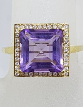 9ct Yellow Gold Square Ring Large Amethyst surrounded by Diamonds