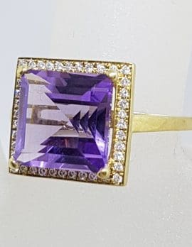 9ct Yellow Gold Square Ring Large Amethyst surrounded by Diamonds