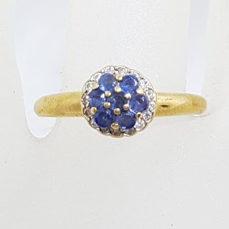 9ct Yellow Gold 7 Sapphires surrounded by Diamonds Round Cluster Ring - Daisy / Cupcake
