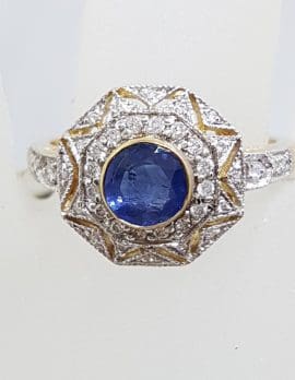 9ct Yellow Gold Natural Sapphire with Diamonds Octagonal Cluster Ring